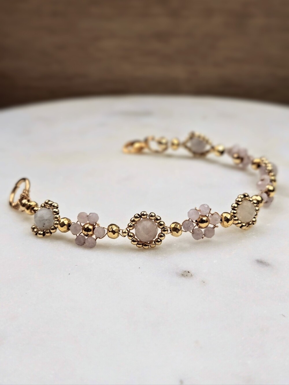 Natural Afghani Pink Kunzite Daisy Flowers in Handwired Artisan-Made Bracelet